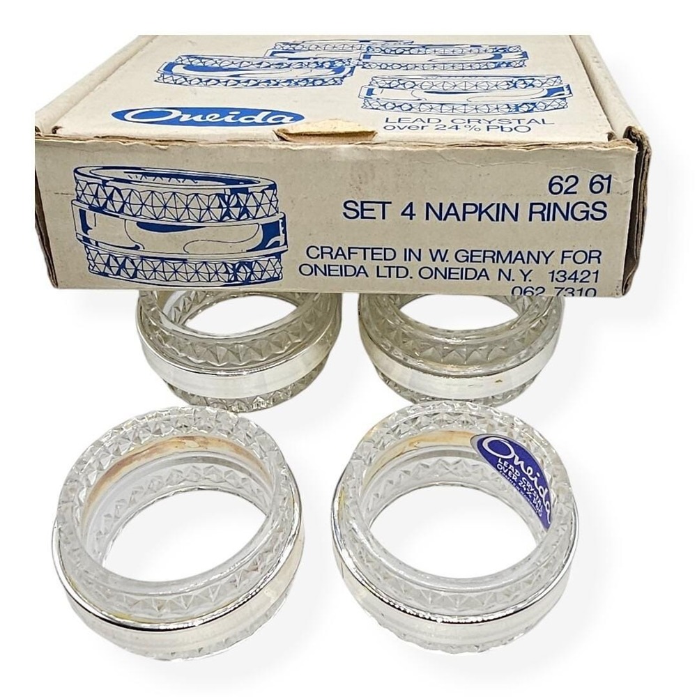 Vintage Oneida Set Of 4 Lead Crystal‎ And Chrome Napkin Rings In Original Box